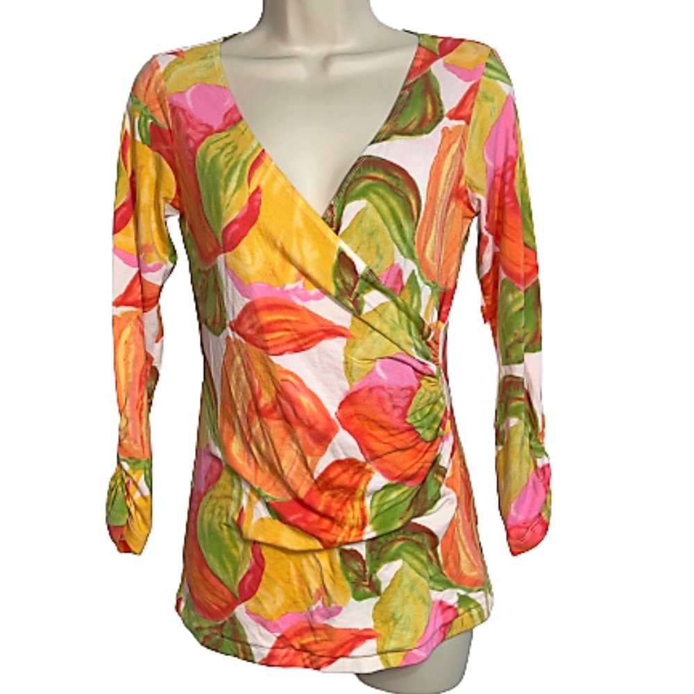 CAbi Multi-Color Leaf Print Wrap Blouse - Pink, Orange, Yellow, Green